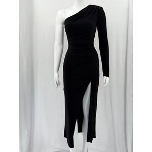 Ramy Brook Dress Women XS Black One Shoulder Ruched Midi High Slit Sexy Cocktail